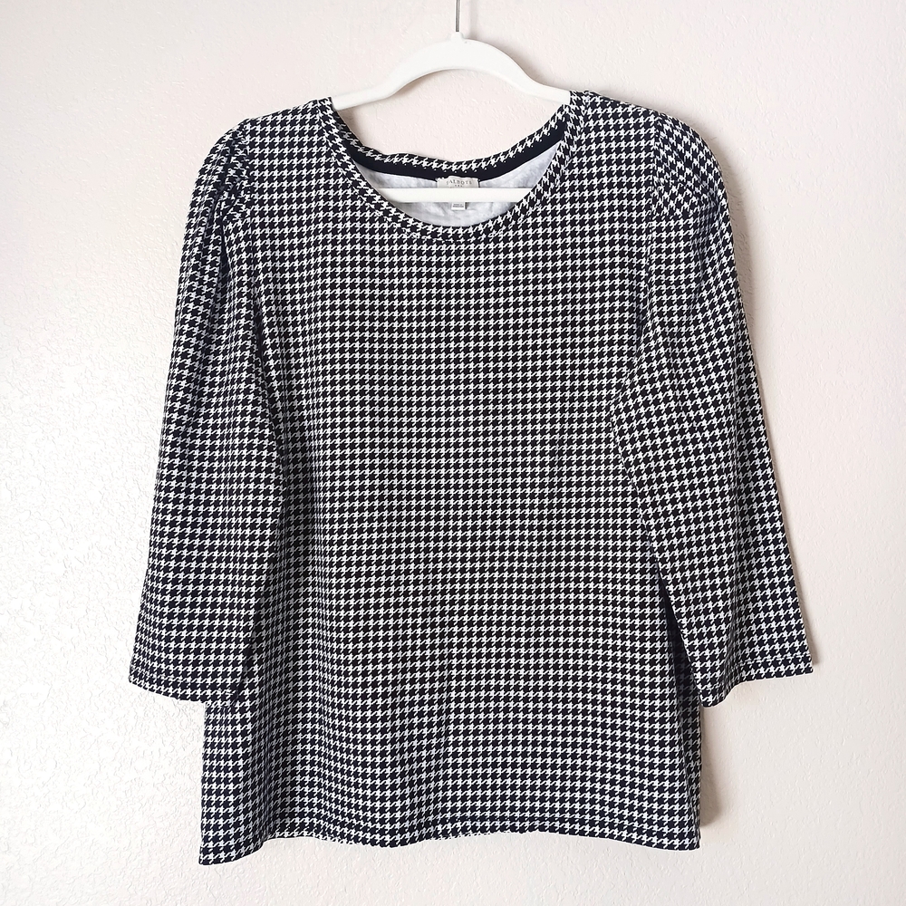 Talbots Factory Houndstooth Scoop Neck Top Blouse Large Black White